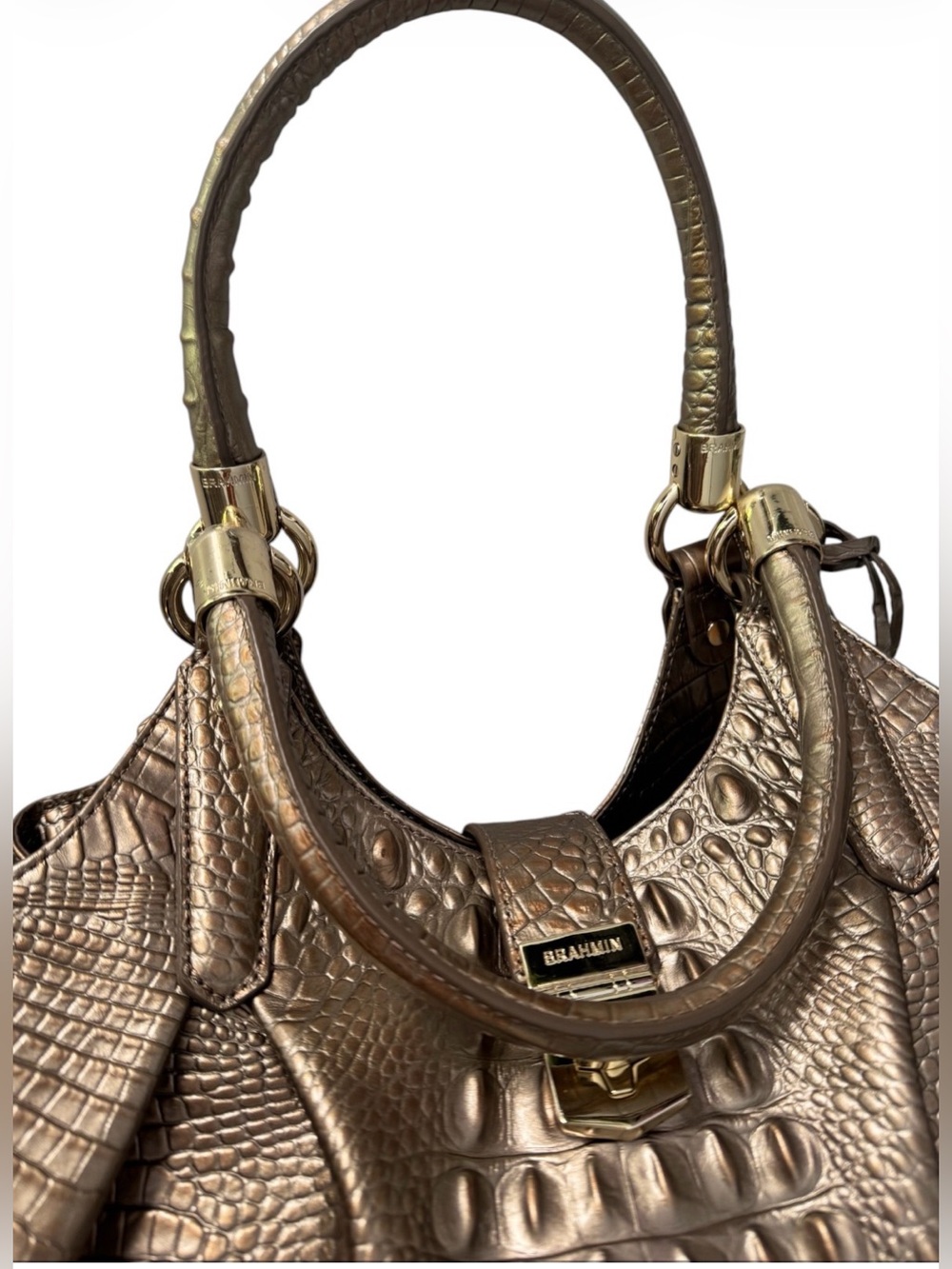 Brahmin Elisa Large Satchel β Gold Croc Embossed Leather | Gold Hardware | - Picture 12 of 17